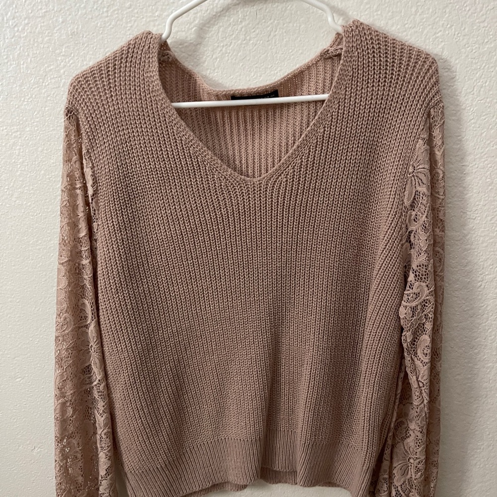 SHEIN Tan V-Neck Sweater with Lace Sleeves